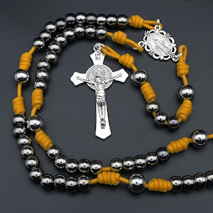Indestructible Rosary - heavy-duty stainless-steel beads - Saint Benedict bronze silver crucifix -- Gold paracord