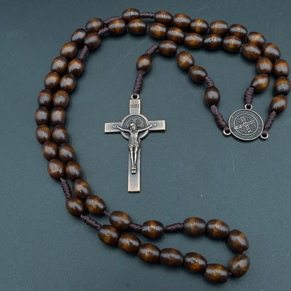 Cord strong wooden rosary with antique copper crucifix and centerpiece