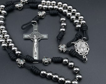 Indestructible Rosary - Stainless Steel Beads - 2.5" two-toned Benedict crucifix - Handmade - cross beads
