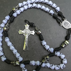 Indestructible Memento Mori Rosary  - Handmade - white skulls and stainless steel skulls