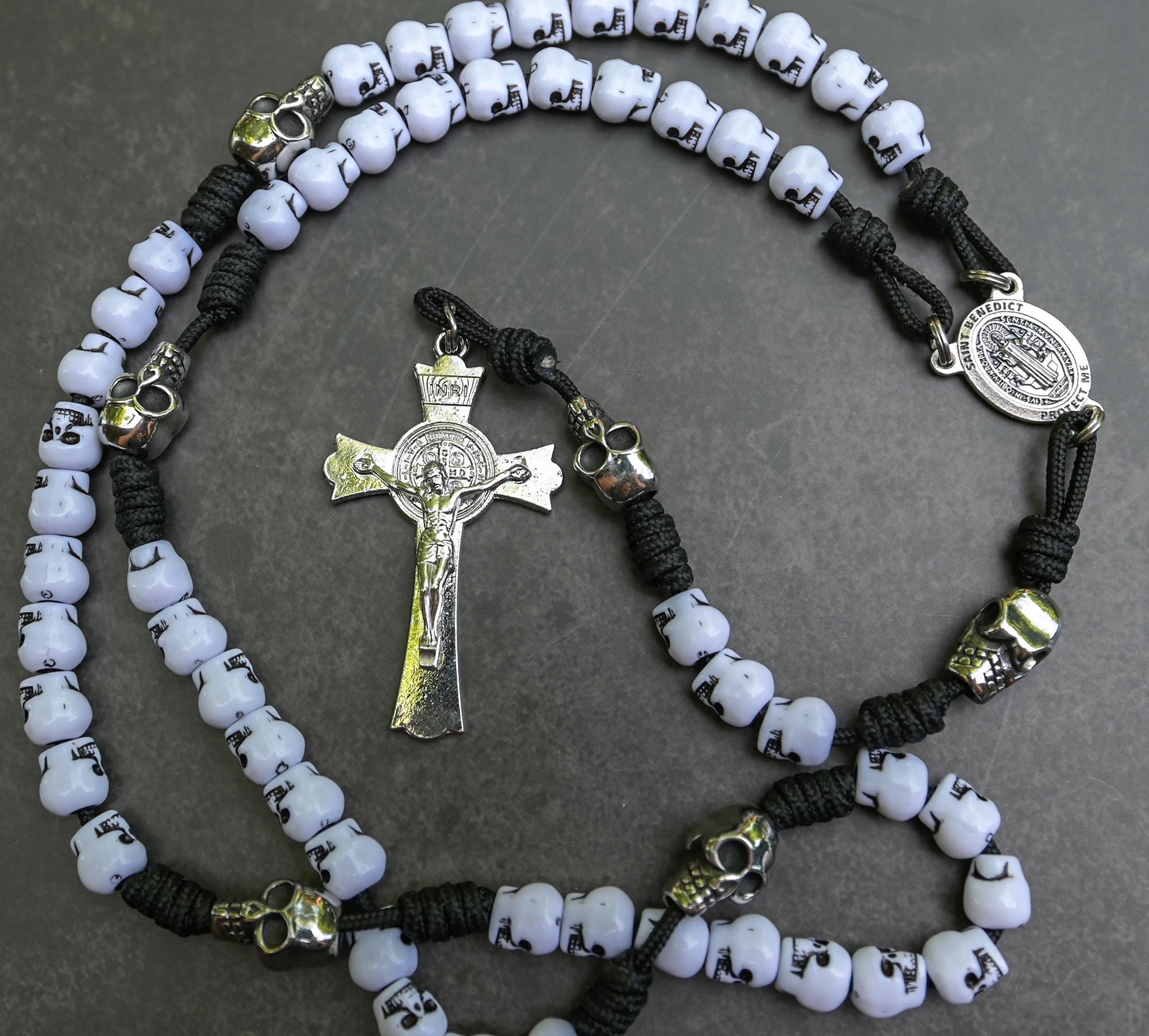 Indestructible Memento Mori Rosary - Handmade - White Skulls and