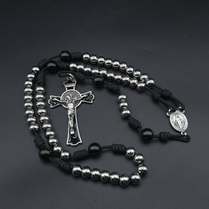 Indestructible Rosary - Stainless Steel , large crucifixes, paracord black silver