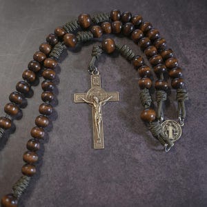 Indestructible Rosary - Real wood beads- olive cord and 2.5" Saint Benedict crucifix and medal - handmade