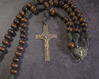 Indestructible Rosary - Real wood beads- olive cord and 2.5" Saint Benedict crucifix and medal - handmade