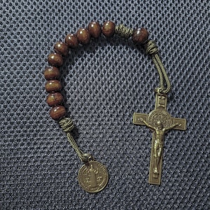 Handmade Indestructible Saint Benedict Pocket Rosary protection - olive drab cord- natural 10mm wood beads