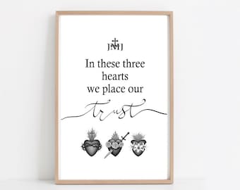 Three Hearts JMJ Holy Family Printable Wall Art - Catholic Immaculate Heart of Mary Sacred Heart of Jesus Pure Heart of Joseph - Download