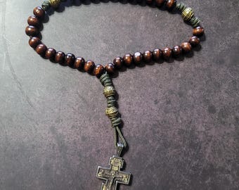 Rosario ortodosso indistruttibile - Cordino verde oliva - Bronzo e legno