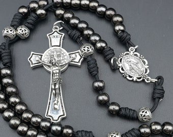 Indestructible Rosary - heavy-duty gunmetal beads - Saint Benedict Heavy crucifix - Handmade fancy silver father beads