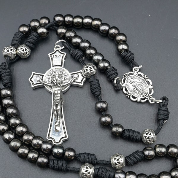 Indestructible Rosary - heavy-duty gunmetal beads - Saint Benedict Heavy crucifix - Handmade fancy silver father beads