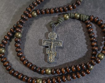 Corde orthodoxe indestructible de 100 perles - Corde olive terne - Bronze et bois