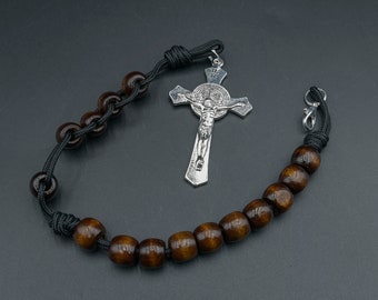 Memory Pocket Rosary -  Wood One Decade Auto Rosaries - saint benedict crucifix 2.7"