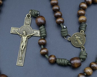 Indestructible Rosary - Real wood beads- olive cord and 2.5" Saint Benedict crucifix and medal - handmade