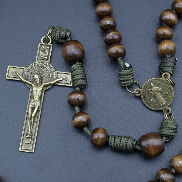 Indestructible Rosary - Real wood beads- olive cord and 2.5" Saint Benedict crucifix and medal - handmade