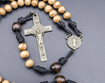 Indestructible Rosary - Pinewood beads  and 2.5" Saint Benedict crucifix and medal - handmade