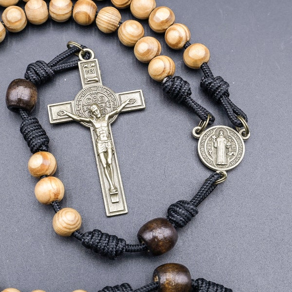 Indestructible Rosary - Pinewood beads  and 2.5" Saint Benedict crucifix and medal - handmade