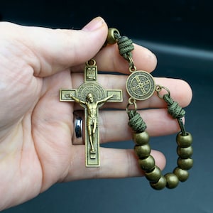 Metal Bronze Beads Pocket Rosary -  Indestructable One Decade Auto Rosaries - Bronze saint benedict crucifix 2.5" olive green - handmade