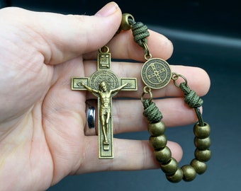 Metal Bronze Beads Pocket Rosary -  Indestructable One Decade Auto Rosaries - Bronze saint benedict crucifix 2.5" olive green - handmade