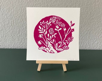 Linoprint "Happy Birthday" magenta - handmade