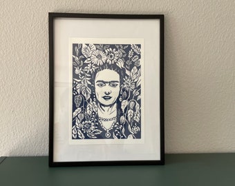 Linocut print “Frida” midnight blue - handmade