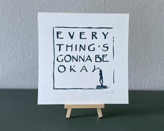 Linocut print "Okay" midnight blue - handmade