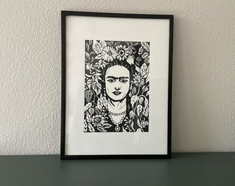 Linocut print “Frida” black - handmade