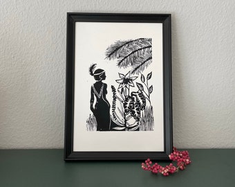 Linocut print "Flapper Garden" black - handmade