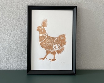 Linocut "Flapper Chick" copper-colored - handmade
