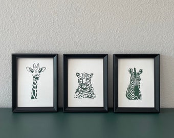 Linocut set of 3 "Wildlife" green - handmade