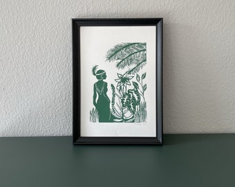 Linocut print "Flapper Garden" green - handmade