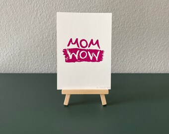 Linocut print "MOM WOW" magenta - handmade