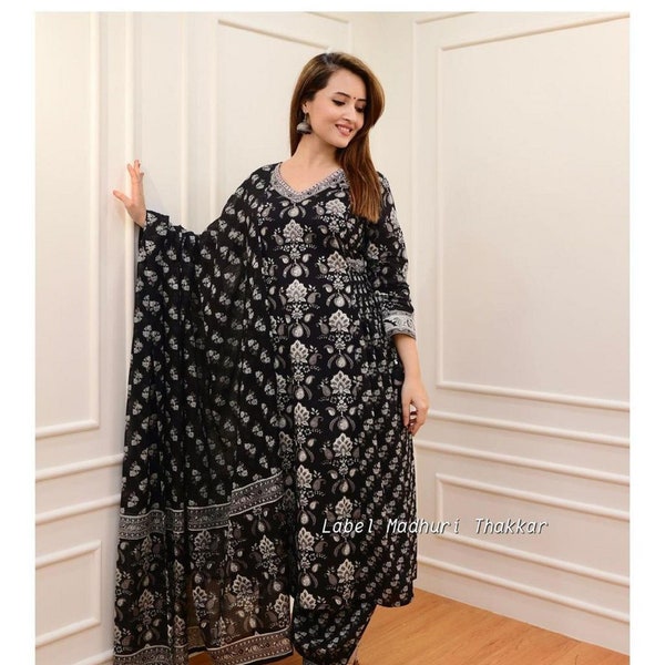 Ensemble palazzo Kurti imprimé en noir avec dupatta, robe Diwali Wear Salwar Kameez, pantalon kurta ready-made et dupatta, costume Salwar pakistanais