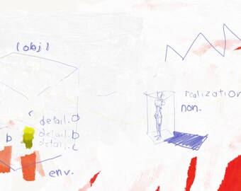 May include: Abstract artwork with a white background, featuring blue line drawings of geometric shapes and a figure in a box. Red and orange paint strokes are in the lower left and right corners. Text includes "(obj)", "detail.a", "detail.b", "detail.c", "env.", "realization non."