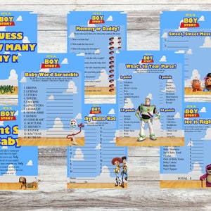 Raccolta di giochi per baby shower ispirati a Toy Story "It's A Boy Story", con 8 giochi da provare durante il tuo baby shower.