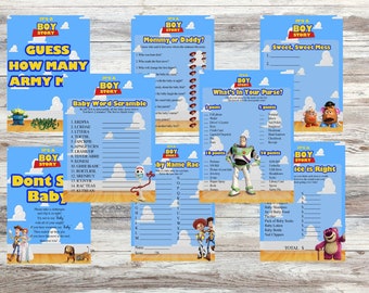 Toy Story 'It's A Boy Story' baby shower game collection with 8 games to play at your baby shower.