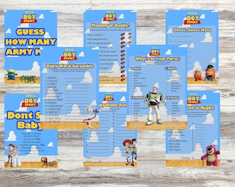 Toy Story 'It's A Boy Story' baby shower game collection with 8 games to play at your baby shower.