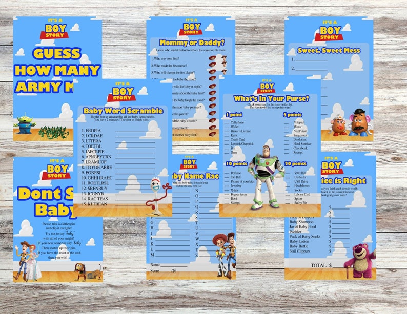 Toy Story 'it's A Boy Story' Baby Shower Game Collection With 8 Games to Play at Your Baby