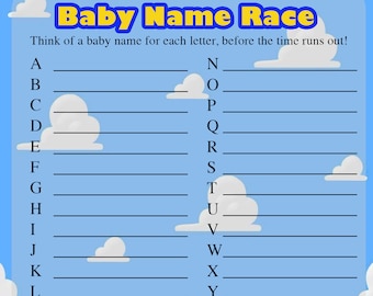 Juego de Carrera de Nombres para Bebés - Juegos para Baby Shower de Toy Story - Es una Historia de Niños - Juego de Cartas para Baby Shower - Descarga Instantánea