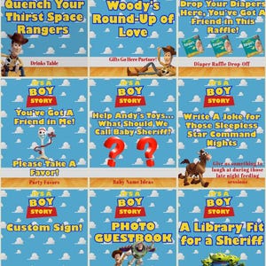 Puede incluir: Una colección de nueve letreros de fiesta con temática de Toy Story con un fondo de cielo azul. Cada letrero presenta texto como "Quench Your Thirst Space Rangers" e ilustraciones de personajes. Perfecto para un baby shower temático.