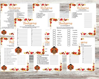 May include: A set of printable Thanksgiving game cards with a fall theme. The cards feature a turkey illustration and include games like "Would You Rather", "Gratitude Game", "Price is Right", "Word Scramble", "Scavenger Hunt", and "Grace Race".