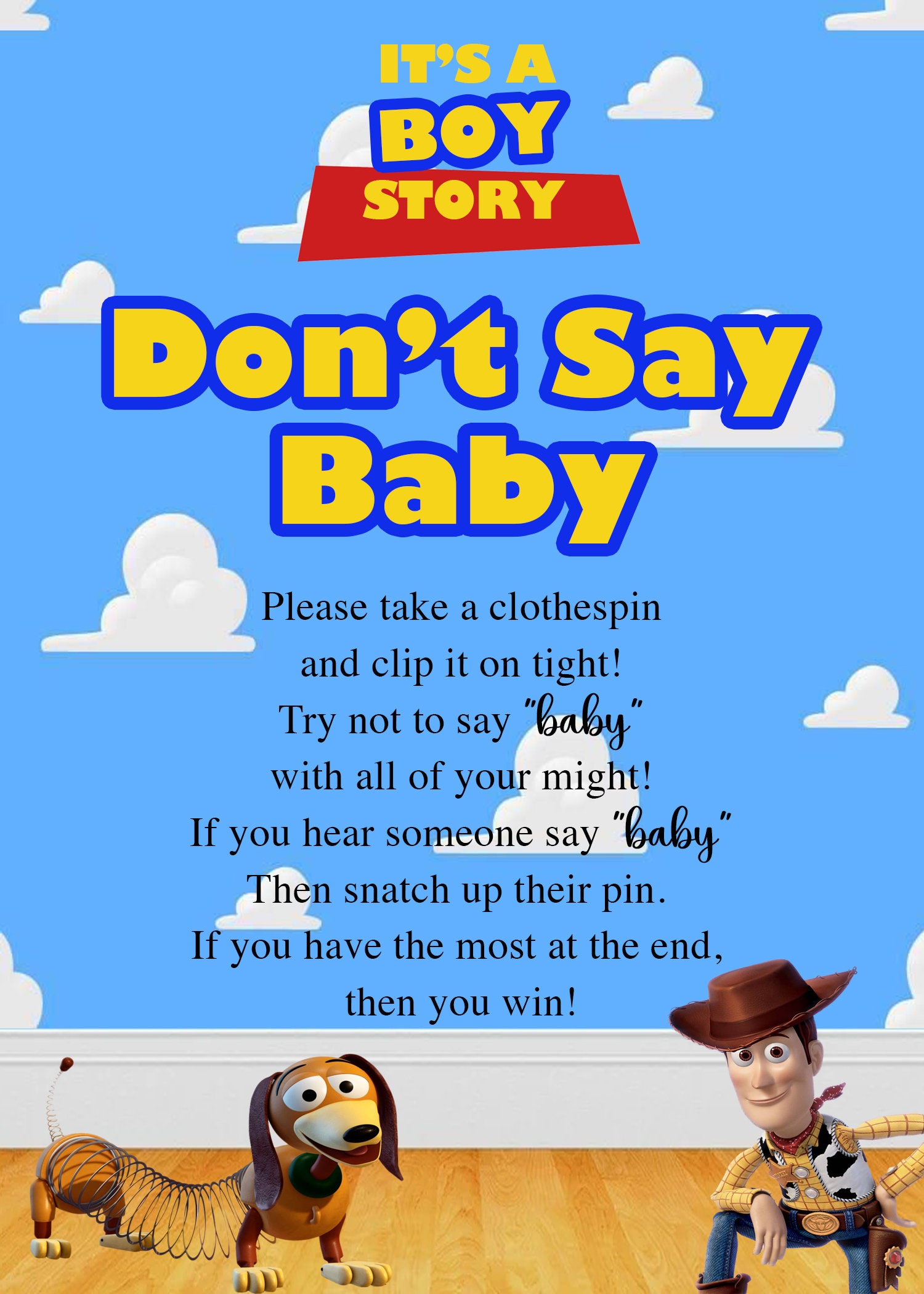 Toy Story 'It's A Boy Story' baby shower game - Don't Say Baby - Baby Shower Card Game - Instant Download