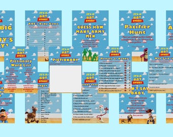 Self editable Toy Story Baby Shower Game Set 'It's A Boy Story' baby shower game set with 24 games -Instant Download