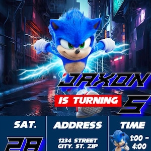 May include: A blue and red birthday invitation featuring Sonic the Hedgehog. The invitation says "Jaxon is turning 5" and includes the date, time, and address.