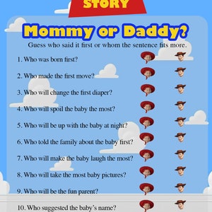 Baby Shower de Toy Story - Es una historia de niños - Juego de preguntas sobre mamá o papá - Juego de cartas para baby shower - Descarga instantánea