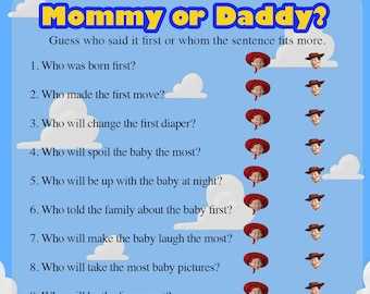 Toy Story Baby Shower - It&#39;s A Boy Story - Mommy or Daddy Quiz Game - Baby Shower Card Game - Instant Download