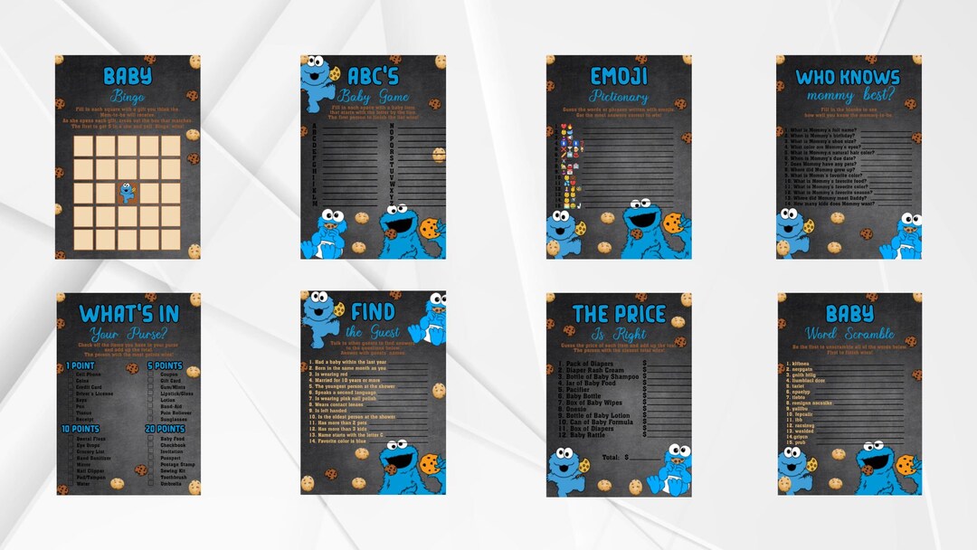 Cookie Monster Baby Shower Games Set of 8 Digital Files Instant ...