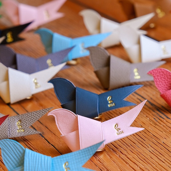 Birdy Keychain Leather handmade, customized name, Origami shape