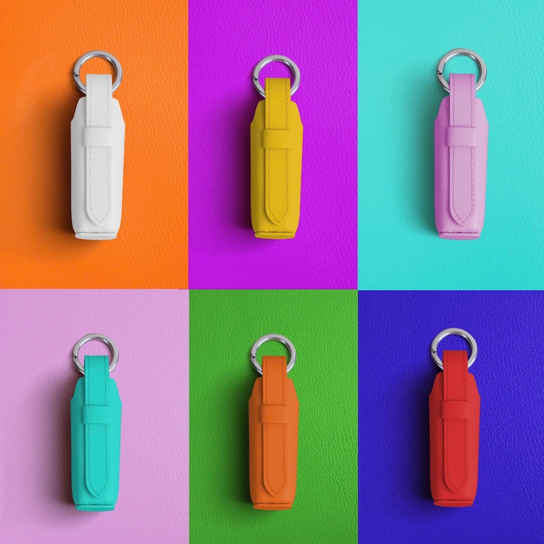 May include: Six vertical key cases with silver metal rings, each featuring a strap and loop closure. The cases are displayed in white, yellow, light purple, turquoise, orange, and red, set against vibrant, solid-colored backgrounds.