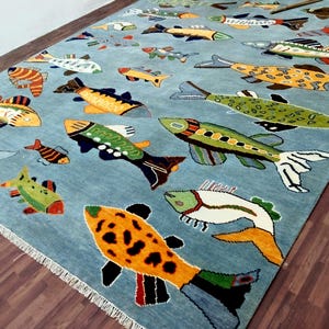Handmade Wool Fish Area Rug: Colorful Folk Art Nautical Decor