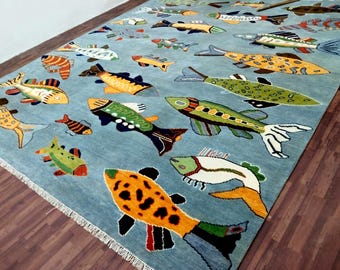 Handmade Wool Fish Area Rug: Colorful Folk Art Nautical Decor