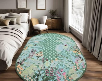 Handmade Green Floral Wool Rug: Oval Botanical Carpet